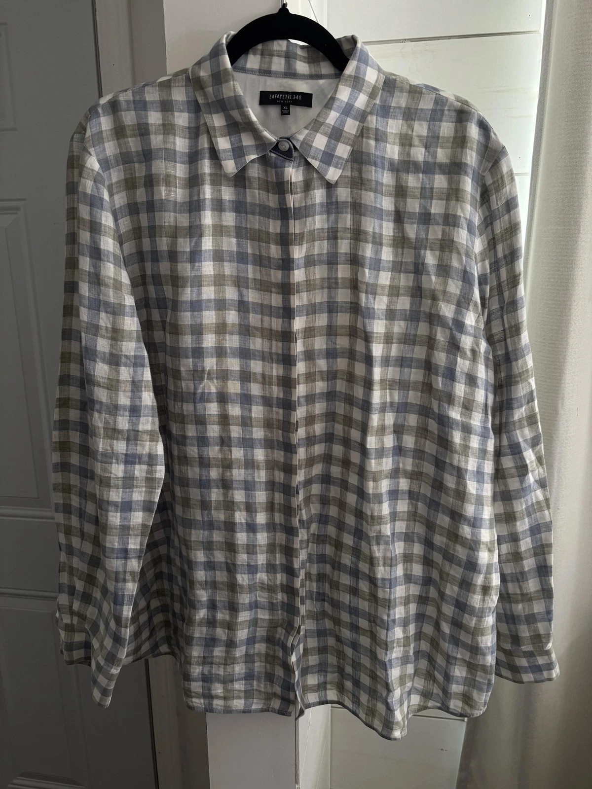 Lafayette 148 New York Shirt Men’s XL Blue Check Linen Button Front Long Sleeve