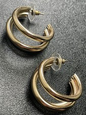 Vintage 1.4  Gold Tone Thick Metal Triple Hoop Earrings