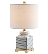 21.5" White and Navy Blue Ceramic Ginger Jar LED Table Lamp, Modern Chinoiser...