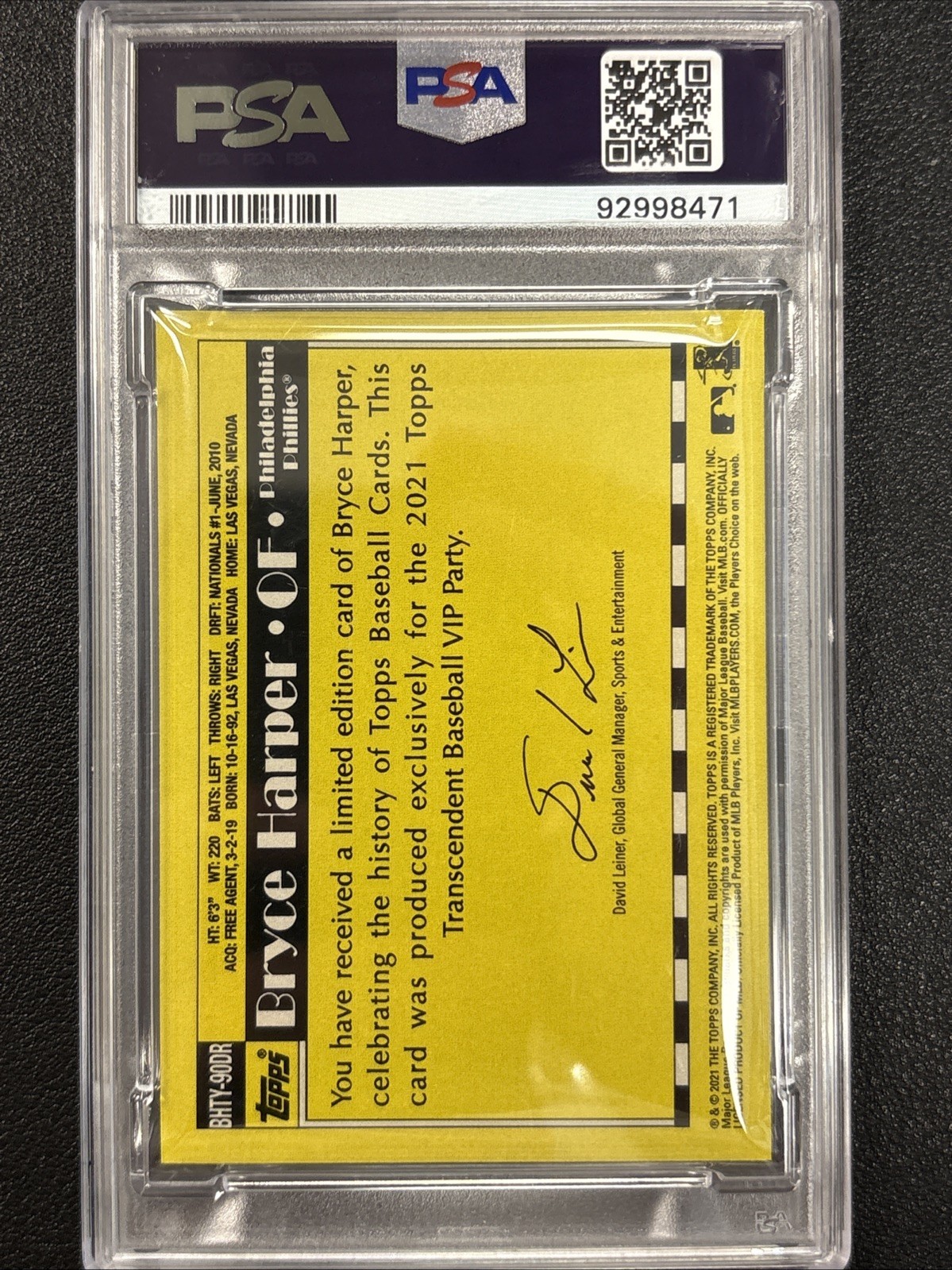 2021 Topps Transcendent VIP Through The Years Bryce Harper /95 PSA 10 POP 3 view 3