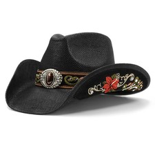FLUFFY SENSE. Cowboy Hats for Women and Men Straw Western Medium-Large, Black