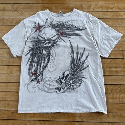 Y2K Skull AOP Affliction Style T-Shirt Size XL Skate Grunge Goth Emo Cyber