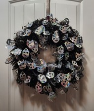 Halloween Tinsel Wreath Black with Silver Skeletons Door Decor 19"