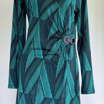 NY Collection Geometric Print V-Neck Long Sleeve Wrap Style Dress Medium