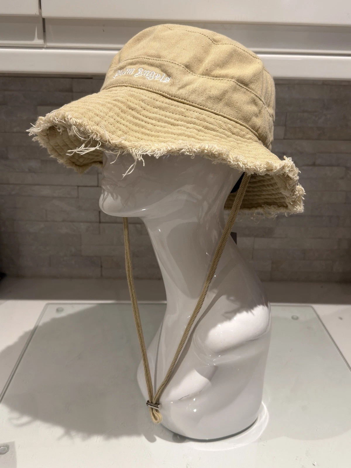 Beige Stone Palm Angels Frayed Edge Embroidered Logo Fishing Bucket Sun Hat
