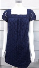 LOFT Navy Blue Cotton Eyelet Lace A-Line Short Sleeve Square Neck Dress Size 8