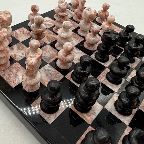 VTG Marble Onyx Chess Set Hand Carved Black Pink Stone Board & Pieces -1 glued - Picture 1 of 11