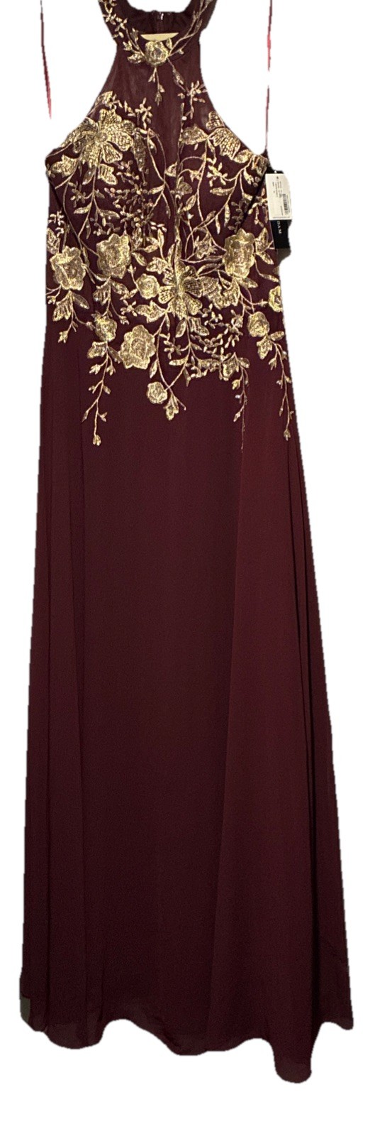 Betsy & Adam Burgundy & Gold Embellished Bodice Long Chiffon Gown Dress Sz 10