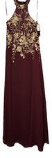 Betsy  Adam Burgundy  Gold Embellished Bodice Long Chiffon Gown Dress Sz 10