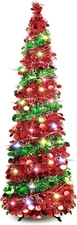 5 FT Collapsible Sequin Pop up Christmas Tree with 90 LED Lights, Skinny Pencil 