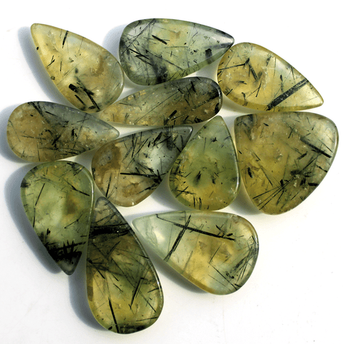 11 Pcs Natural Tourmalated Prehnite Untreated 22mm-32mm Pear Cabochon Gemstones - Picture 7 of 13