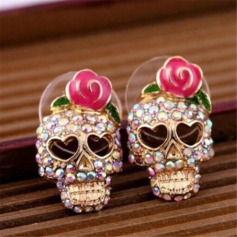 Cute Skeleton Skull Flower Crystal Rhinestone Stud Earrings Women