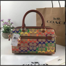 COACH C4396 Rowan Satchel Sholder Bag Rainbow Signature Coated Canvas Outlet New