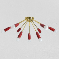 Mid Century Style 9 Arms Flush Mount Brass Chandelier Red Finish Interior Lights