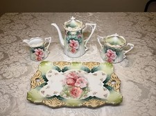 Antique RS Prussia Mold 525 9 Pink Poppies Tea Set Tidbit Tray 4 Pcs