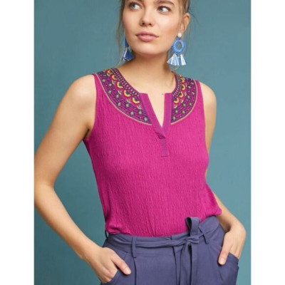 ANTHROPOLOGIE Akemi Kin Pink Yellow Sunflower V-Neck Boho Sleeveless Top Size XL