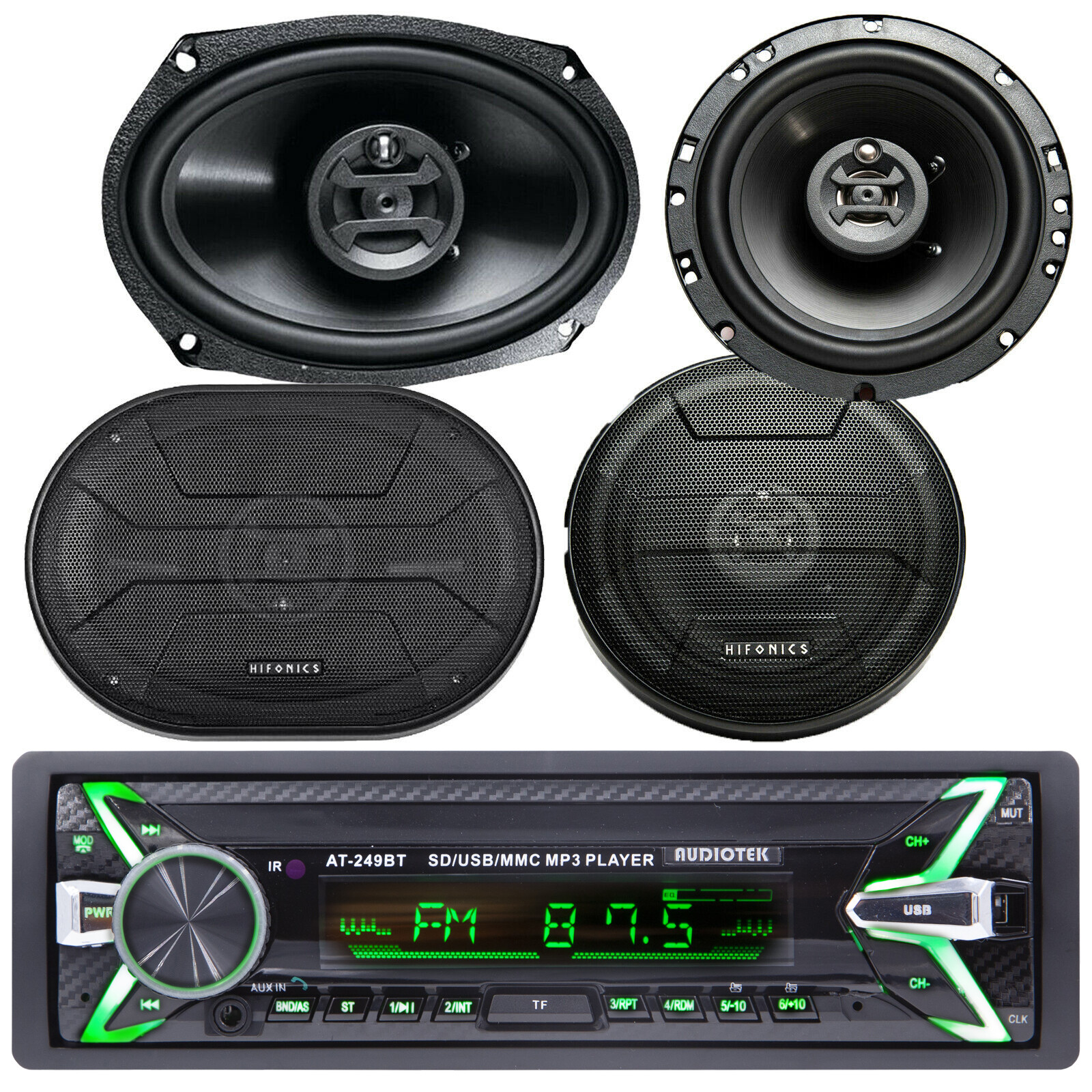 4x Hifonics ZS693 ZS653 Speakers + Audiotek AT-249BT Digital