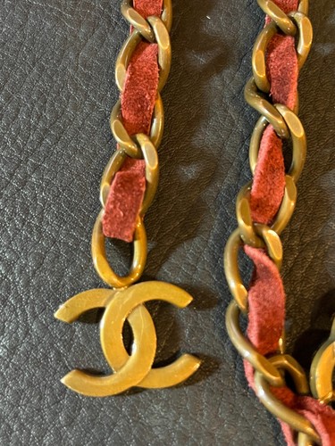 CHANEL BELT AUTH Coco chain CC Gold GP Brown Gold × Bordeaux Suede Logo Vintage - Picture 8 of 21