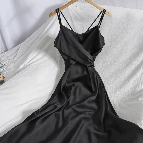 Ladies Satin Silk Midi Dress Cross Front Tie Waist Spaghetti Strap A-line Plain - Foto 3 di 17