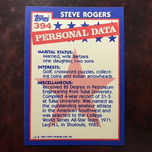1984 Topps TIFFANY Set STEVE ROGERS ALL-STAR #394 ESPOSIZIONI ** COME NUOVO ** ALTA QUALITÀ ** - Foto 2 di 2