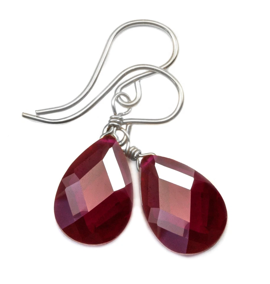 Pendientes de circonita cúbica de oro de 14k rojo rubí simulado circonita esterlina facetada lágrima Foto 3 de 4