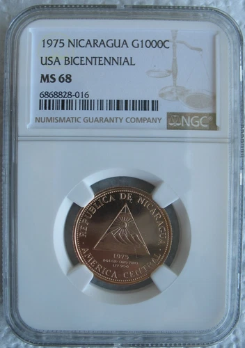 Nicaragua 1975 Gold 1000 Cordobas NGC MS-68 USA Bicentennial