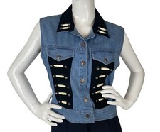 VTG In Fashions Hand Beaded Denim Vest Contrast Collar Western Cowgirl Sz Large