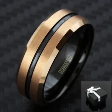 8mm Tungsten Men's Brushed Rose Gold Plated w/ Black Stripe Wedding Band Ring