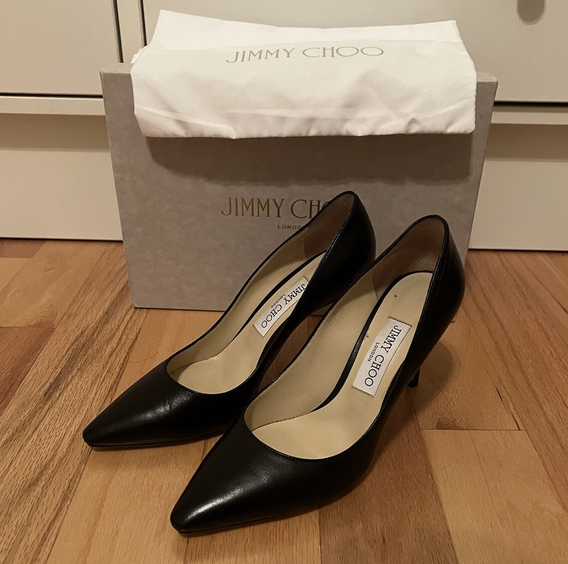 Jimmy Choo Romy 85 Classic Black Kid Leather Pointy Toe Pumps EU 38