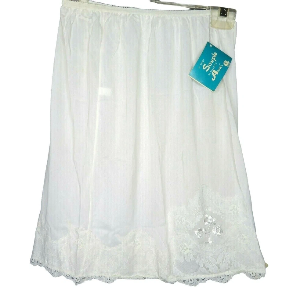 Vintage 50s White Half Slip All Around Lace Cling-less Nylon Womens XS USA NWT - Image 2 of 4