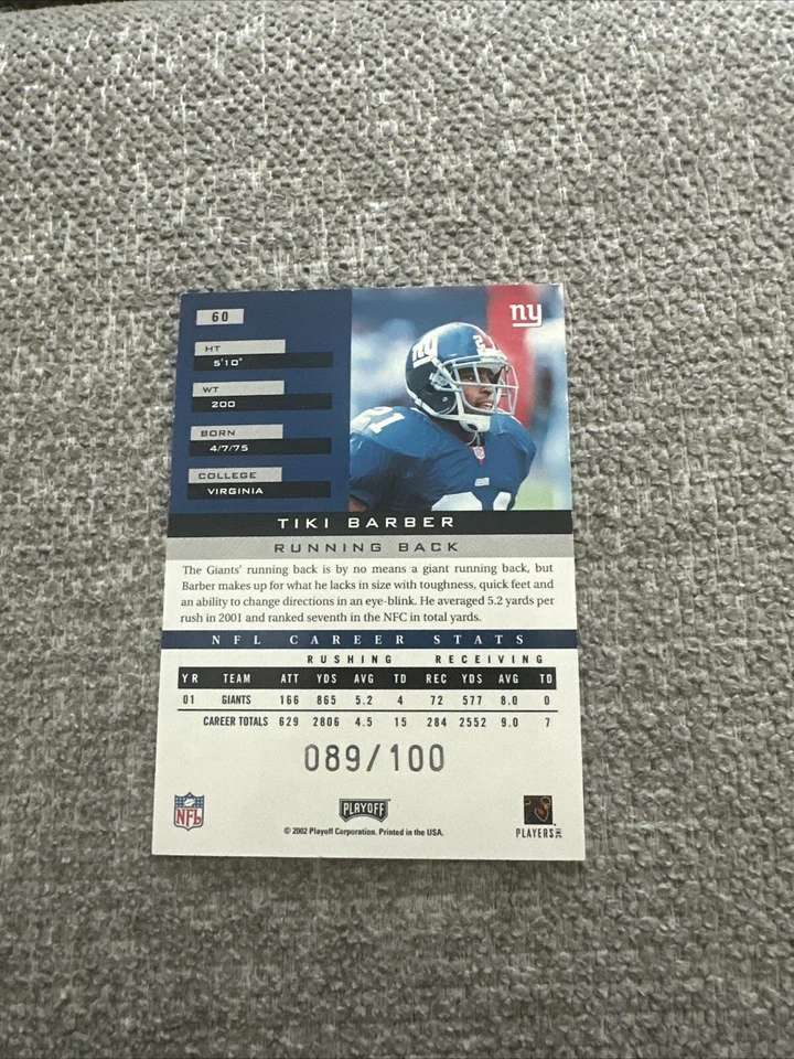 2002 Playoff Honors X's Tiki Barber #89/100 NEW YORK GIANTS - Image 2 of 2