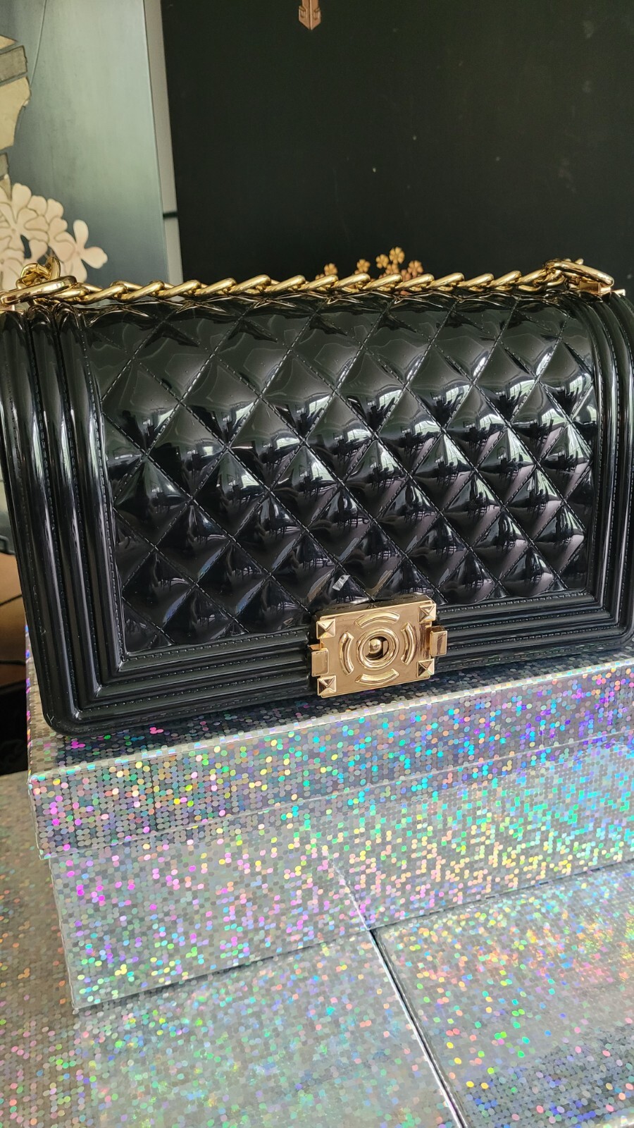 Black Patent Leather Solid Structured Handbag W G… - image 2