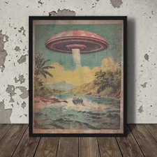 UFO NAUTICAL Wall Art, USO Ocean Sea Boat Poster, Retro Sci-fi Alien Ship Decor