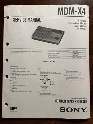 Sony MDM-X4 MD Minidisc Multi Track Recorder Service Manual Original Genuine OEM