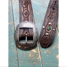 Vintage Brown Studded Jeweled Tooled Leather Belt 37-42