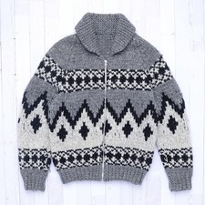 Vintage Handmade Thick Wool Knit Thunderbird Cowichan IDEAL Zip Medium