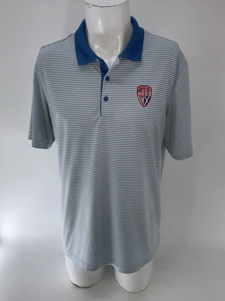 Adidas Golf Polo Shirt Men’s L White Blue Striped Poly Dalhousie GC YGI U5-61 - Image 2 of 4
