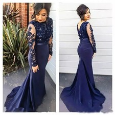 Navy Blue Mermaid Prom Dresses Long Sleeves Backless Lace Applique Evening Gowns