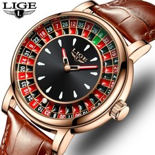 Brown Leather Men's Watch Rotating Dial Waterproof Luminous Roulette Theme