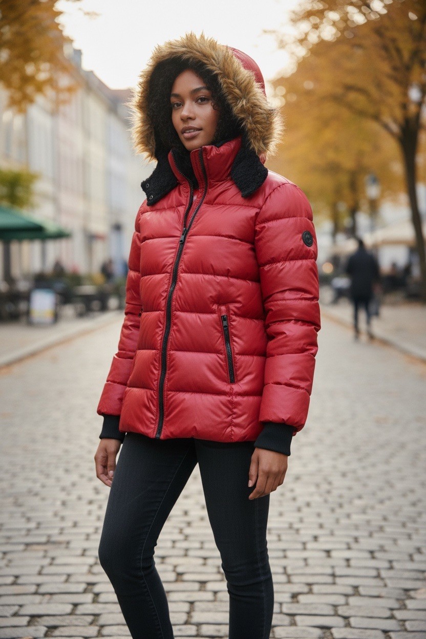 Steve Madden Women’s Red Puffer Coat Faux Fur Hood Quilted Jacket Size Small