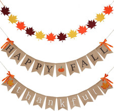 3 Pcs Happy Fall Burlap Banner Autumn Fall Thanksgiving Home Decor
