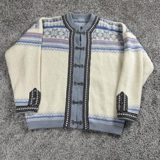 VTG Nordic Womens Cardigan Sweater L Fair Isle Pewter Clasps Wool Cottagecore
