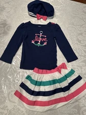 Girls 18-24 mo GYMBOREE 3pc Stripes & Anchors Sailor Shirt Ribbon Skirt & Beret