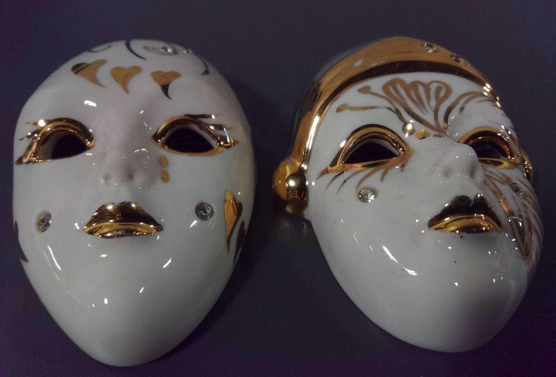 Two Collectible Italian Porcelain. Masquerade Face Mask Set, White/Gold Glossy. 