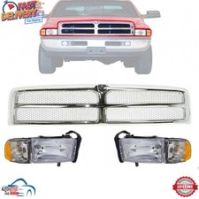 New Front Chrome Grille Left Right Headlights For 1994-2002 Dodge Ram 1500 2500