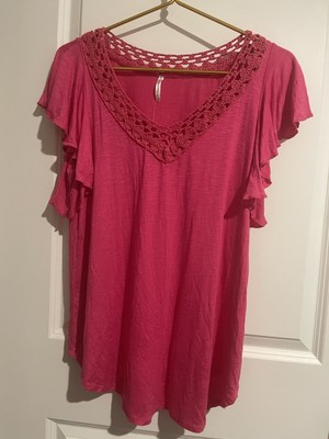 Passports Sz S Deep Pink Top With Flutter Sleeves & Crochet Neckline FairyCore 