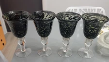 Pier One Art Glass Wine Goblets Green Black Fused Confetti Swirl Pedestal 4 Set