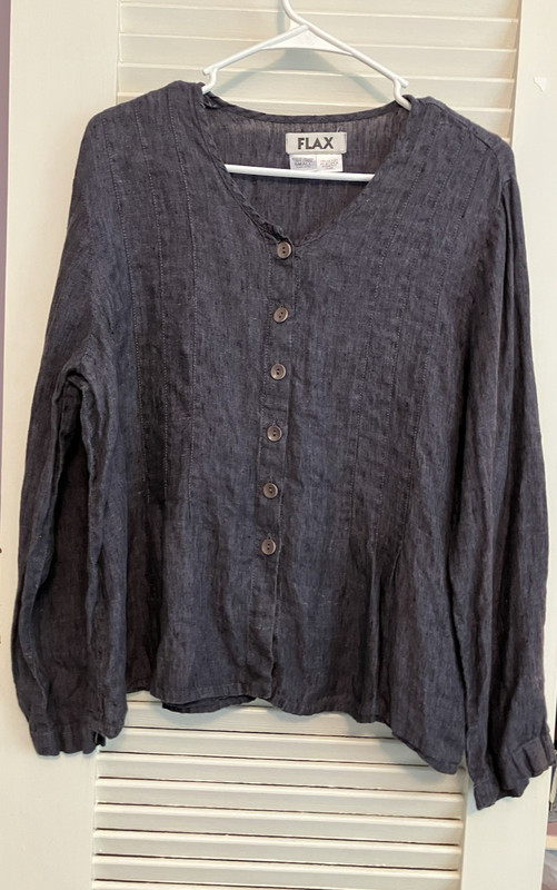 S) FLAX Linen Button Down Shirt Scoop Neck Pleat Front & Back Purply Blue Top