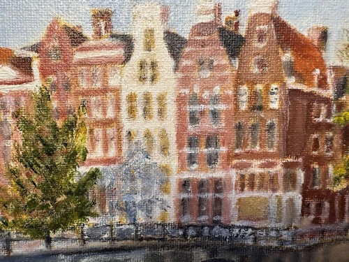 Pintura al óleo firmada JALK Jordaan District Canal arquitectura holandesa Ámsterdam - Imagen 6 de 10