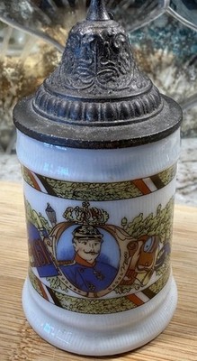 Vintage BMF Germany Mini Beer Stein Milk Glass Pewter Lid Bierseidel Mug 